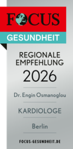 Offizielles Siegel: FOCUS Gesundheit Regionale Empfehlung 2026 und Mental Health Award Best Practice für Dr. med. Engin Osmanoglou, führender Kardiologe in Berlin-Zehlendorf.